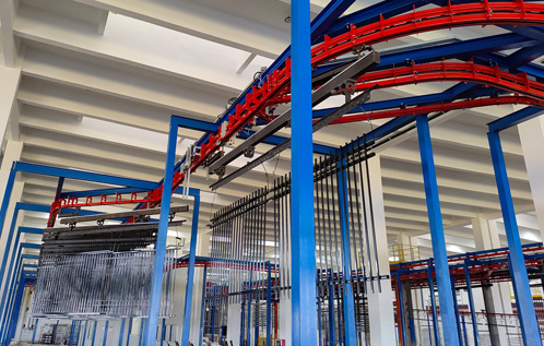 Oblique accumulation roller chain type powder coating lines with double conveyers
